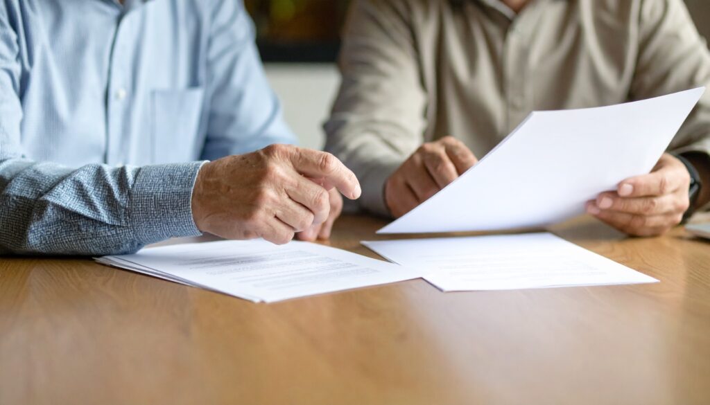 Business owner reviewing paperwork while discussing commission rates for selling a business.