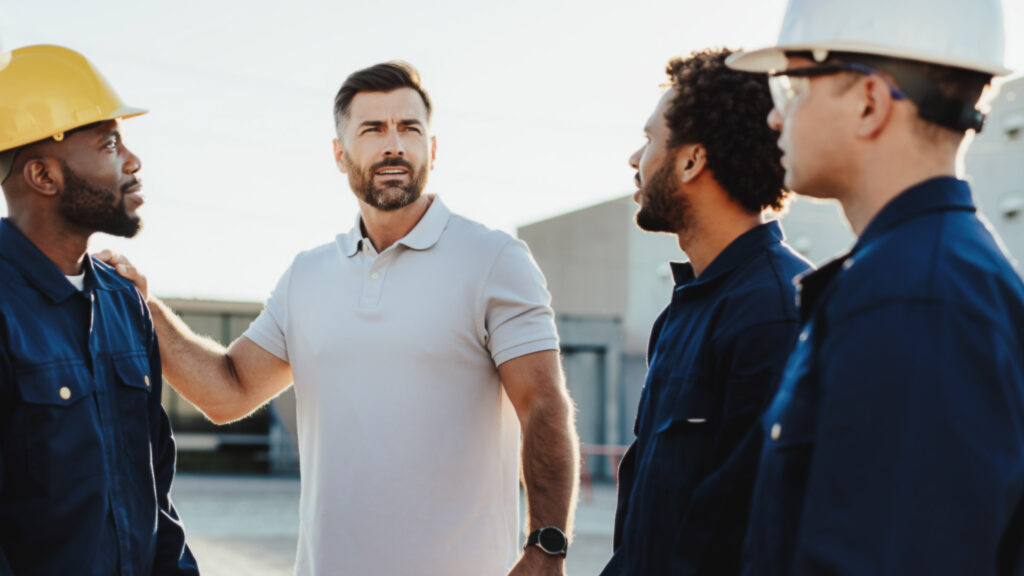 Owner delegating tasks to team members during a meeting.