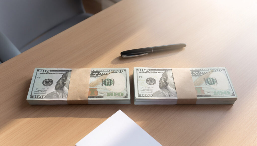 Entrepreneur analyzing upfront payment terms before signing business purchase agreement
