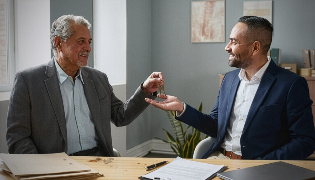 Professional completing business acquisition closing process with attorney and documents